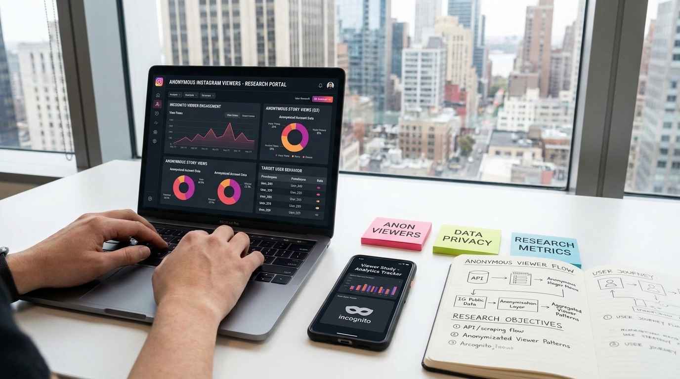 Marketer’s desk with a laptop showing analytics dashboards, a smartphone, and a notebook with strategy sketches
