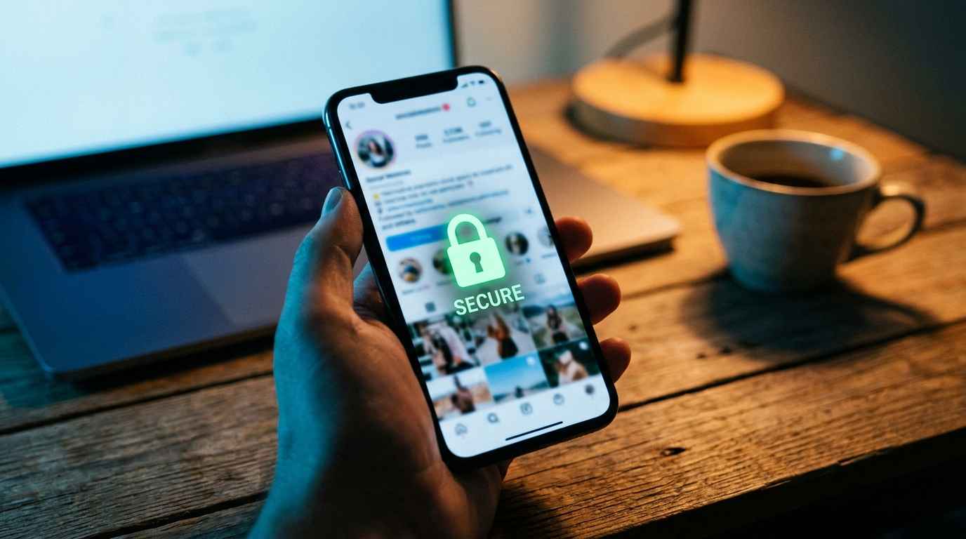 Hand holding a smartphone with a green padlock icon over a blurred Instagram-style profile grid on a desk